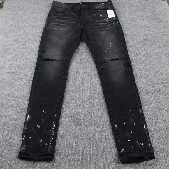 Purple Brand Jeans Mens 33 P001 Low Rise Slim Black Paint Splatter Streetwear - Picture 1 of 16